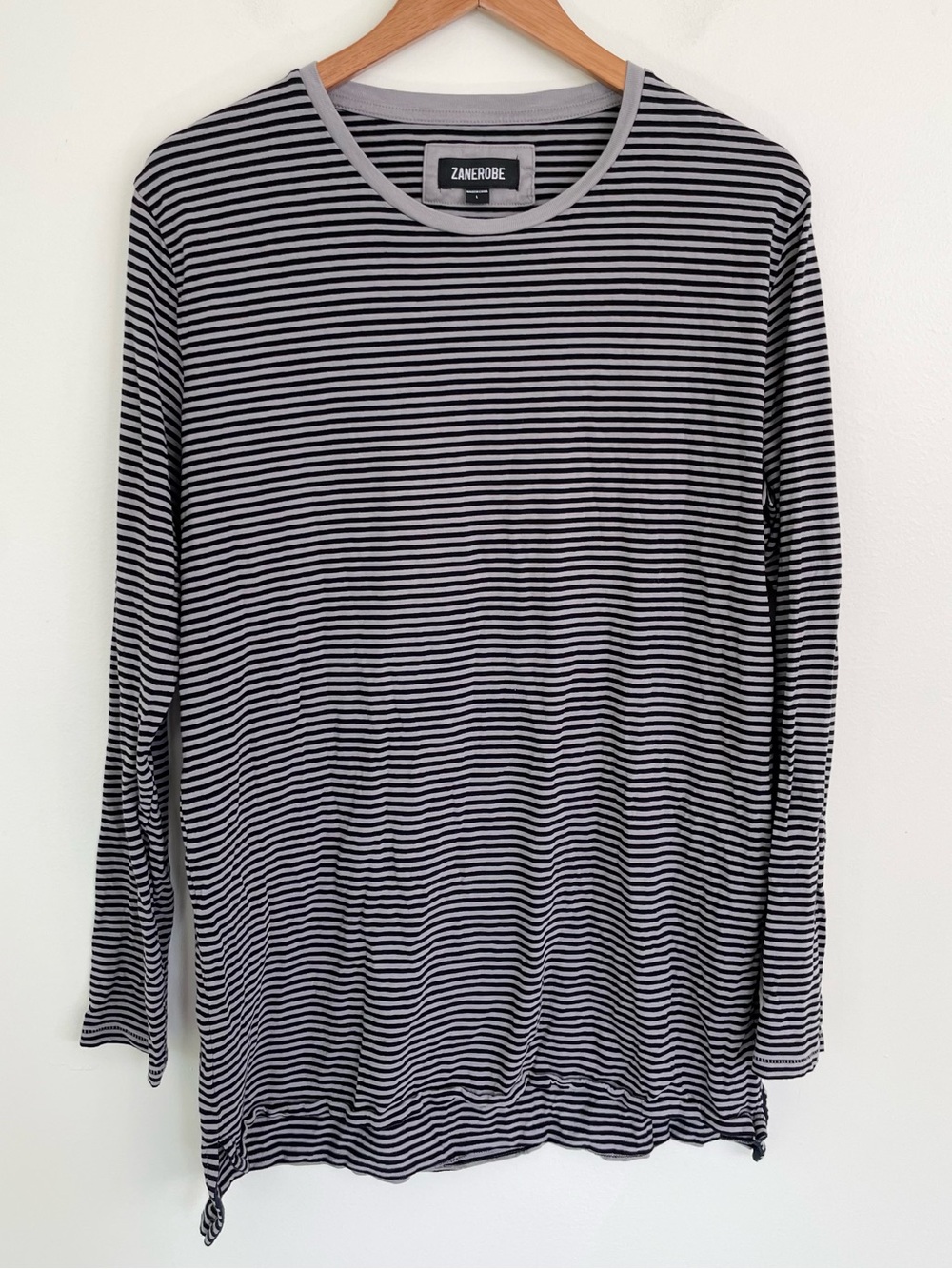 Zanerobe Flintlock Long Sleeve Striped Cotton Crew Neck Tee Shirt L Large Grey